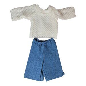 18" Doll Clothes 2 PCS White Knit Sweater Crochet Blue Jeans Wide Leg AG OG